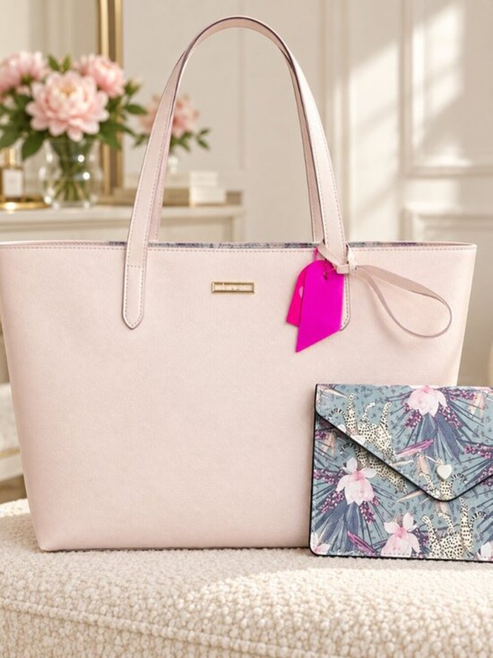 Betsey Johnson Very Light Pink Tote Bag Gray Floral Pouch NWT